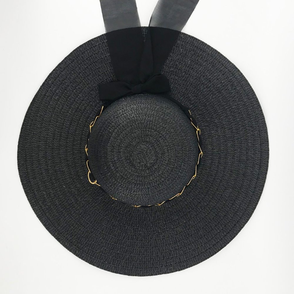 Black Braided Straw Gold Chain Sun Hat - Picture 4 of 6
